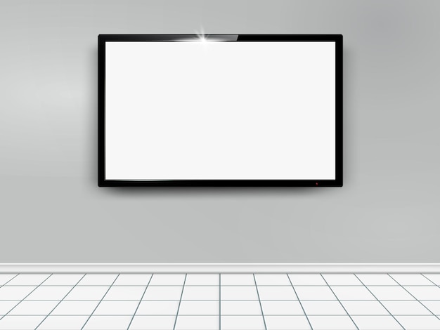 TV mockup with flat white screen fixed on a wall