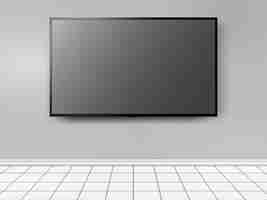 Vector tv mockup with flat white screen on grey wall background
