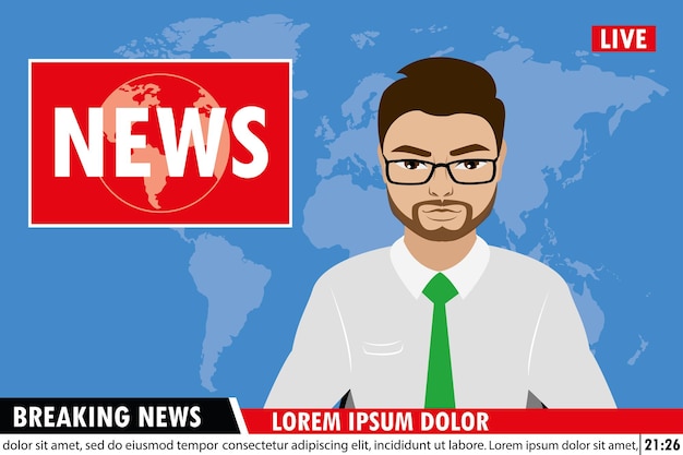 TV news anchors reporting breaking news Man and woman news anchor vector illustration
