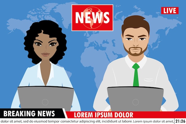 TV news anchors reporting breaking news Man and woman news anchor vector illustration