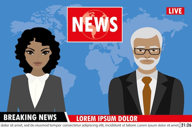 Vector tv news anchors reporting breaking news man and woman news anchor vector illustration