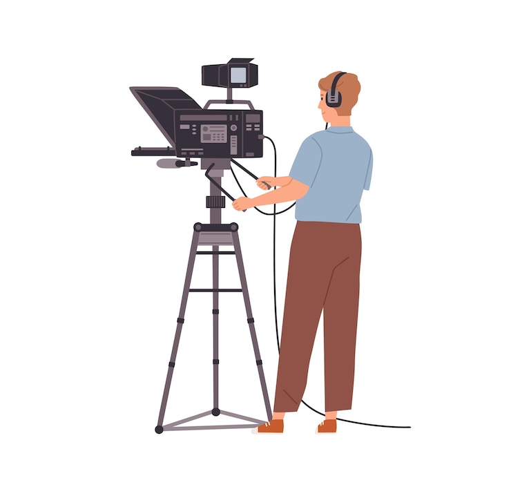 Vector tv-operator of videograaf in koptelefoon die met camera werkt en video opneemt. cameraman met professionele studioapparatuur. gekleurde platte cartoon vectorillustratie geïsoleerd op een witte achtergrond.