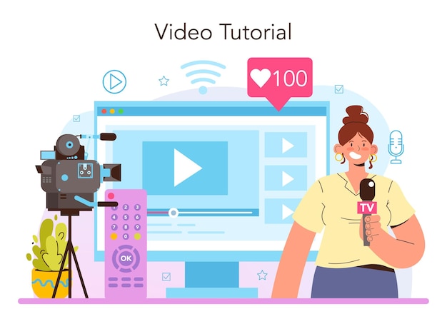TV-presentator online service of platform. Televisiepresentator in studio die tegen de camera spreekt. Omroeper die nieuws rapporteert. Video-instructies. vector illustratie