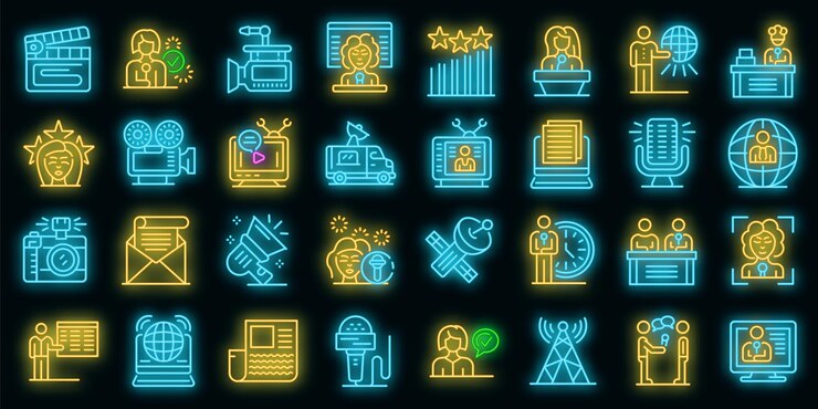 Vector tv presenter icons set. outline set of tv presenter vector icons neon color on black