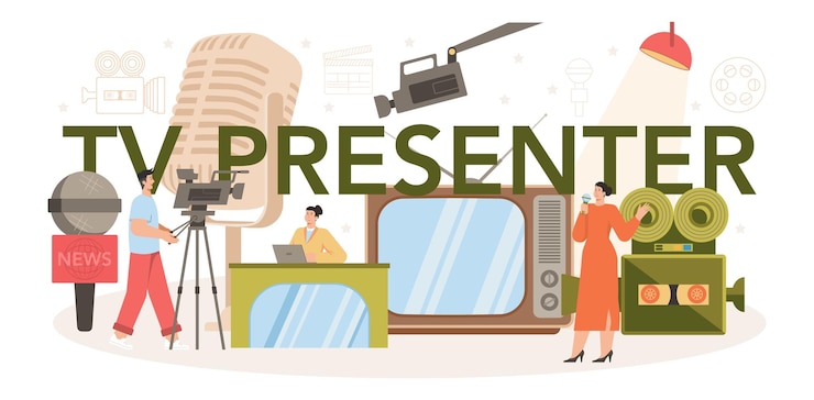 Vector tv presenter typographic header television host in a studio doing an entertaining show broadcaster speaking on camera reporting news isolated vector illustration