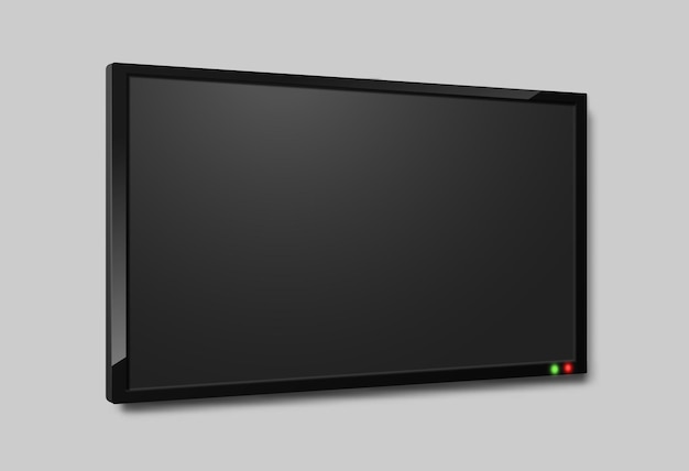 Tv screen angle view. Realistic lcd television black monitor, close up hanging horizontal on wall full hd monitor, blank digital led panel, modern widescreen vector single isolated electronics object