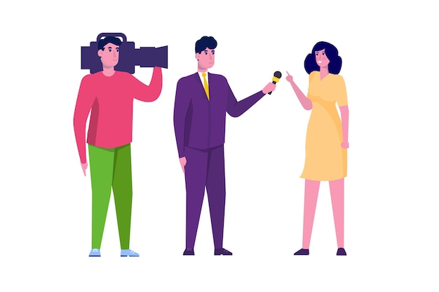 Tv-verslaggever karakter, journalist speciale correspondent en camera man concept. vector illustratie.