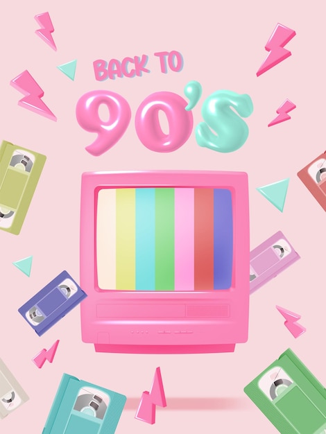 Tv e vhs in umore di nostalgia degli anni '90 realistica combinazione di colori pastello illustrazione vettoriale