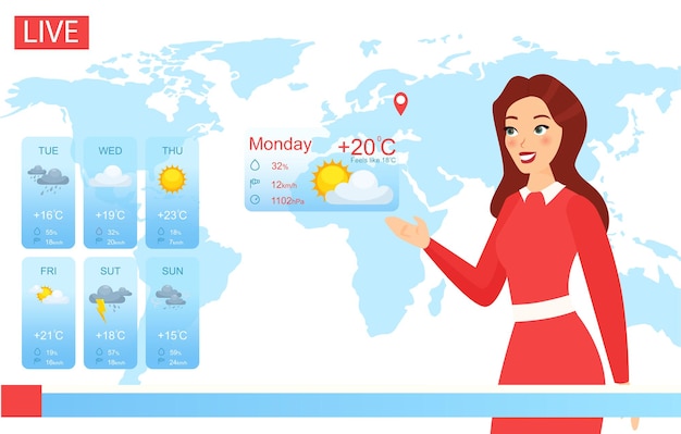 Tv weather host . Cartoon  attractive woman reporting on climate change in news,