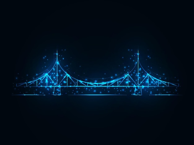 Тверь - город России. Старый мост - главный символ города. Векторная иллюстрация. Светящийся волшебный синий мост.