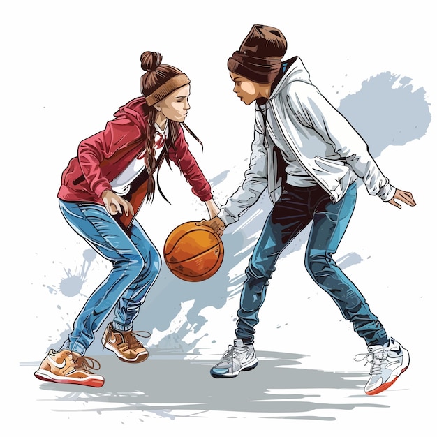 Vector twee_adolescent_girls_spelen_basketball_vector