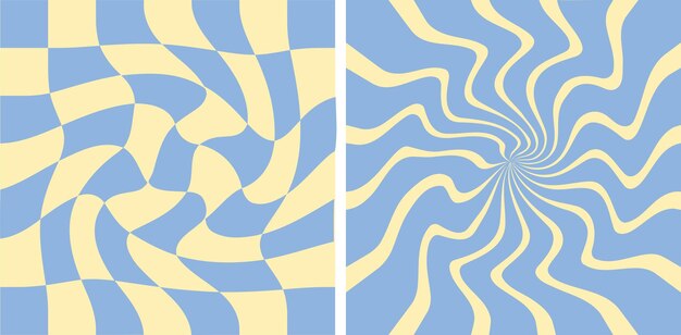 Vector twee afbeeldingen van een blauw en geel spiraalpatroon.