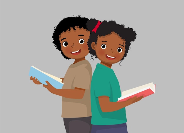 Twee Afrikaanse kinderen lezen boeken terwijl ze tegen elkaar leunen.