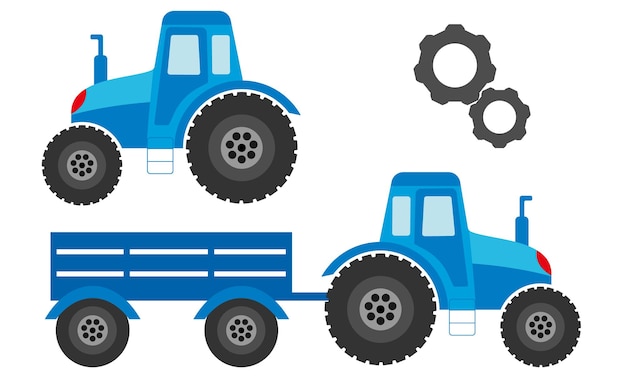 Twee aparte afbeeldingen van een tractor met en zonder kar