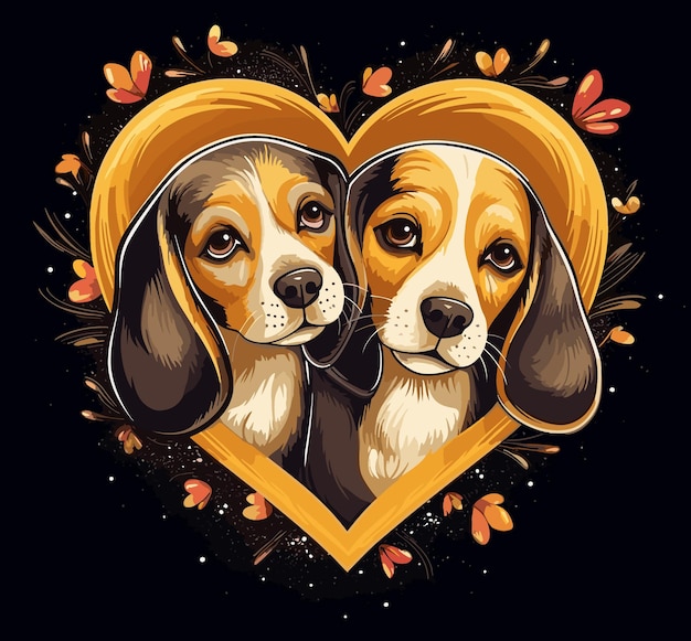 Vector twee beagle honden in een hart met bladeren en bladeren