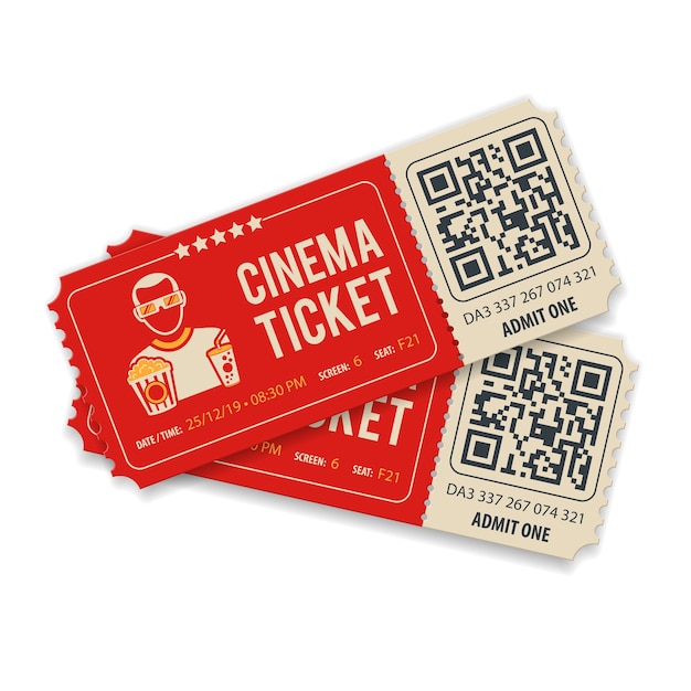 Vector twee bioscoopkaartjes met qr-code, kijker, popcorn en frisdrank