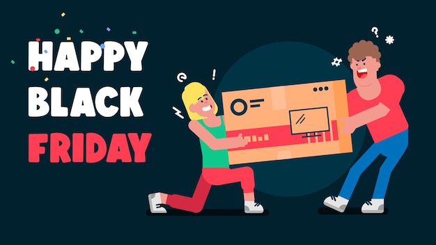 Twee boze mensen vechten om de slimme tv-box in banners voor Black Friday, Sale en kortingen