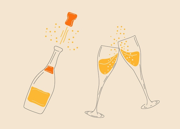 Vector twee champagneglazen met champagnefles. vector in cartoon-stijl. alle elementen zijn geïsoleerd