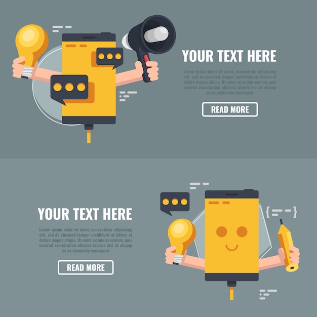 Twee conceptuele banners van telefoonmarketing. Smartphone karakter.