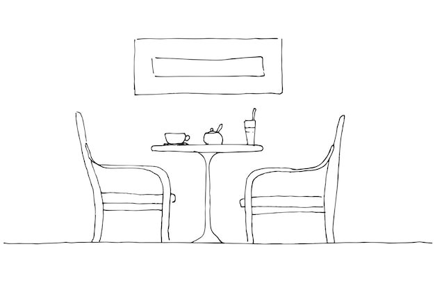 Twee fauteuils en een tafel op de tafel staat een mok, een glas en een suikerpot handgetekende vectorillustratie