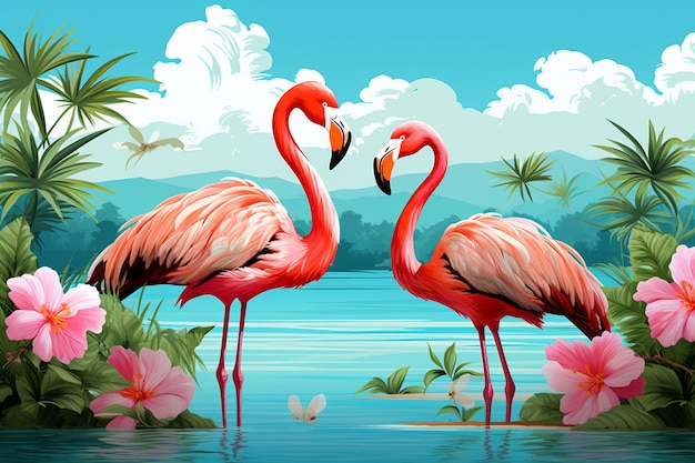 Twee flamingo's staan in het water naast een paar bloemen.