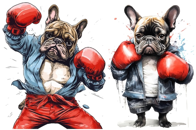 Twee Franse bulldogs gekleed als boksers, de ene in een vechthouding en de andere die verslagen lijkt