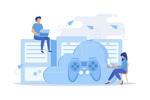 Twee gamers die computer spelen verbonden met joystick gaming on demand video en bestandsstreaming cloud