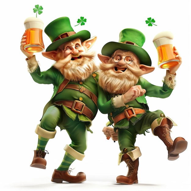 Vector twee geanimeerde leprechauns die samen glazen bier drinken.