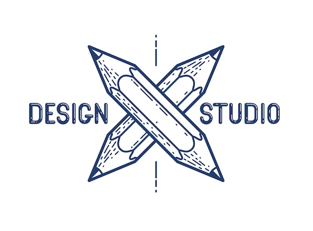 Vector twee gekruiste potloden vector eenvoudig trendy logo of pictogram voor ontwerper of studio, creatieve competitie, ontwerpers team, lineaire stijl.