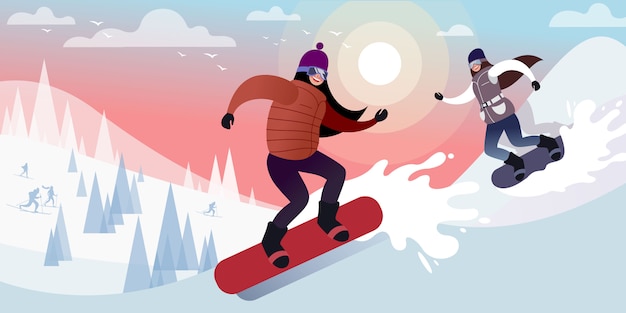 Vector twee gelukkige jonge meisjes snowboarden op een ijzige dag in de winter besneeuwde bergen. platte vectorillustratie