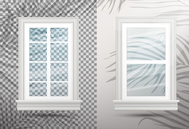 Twee gesloten realistische glazen ramen met schaduwoverlay-effect. Vectorillustratie. Ontwerpelement van architectuur. Bladeren en raamkozijnen.