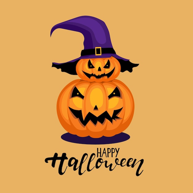 Twee gesneden Halloween-pompoenen met een griezelig gezicht met een heksenhoed