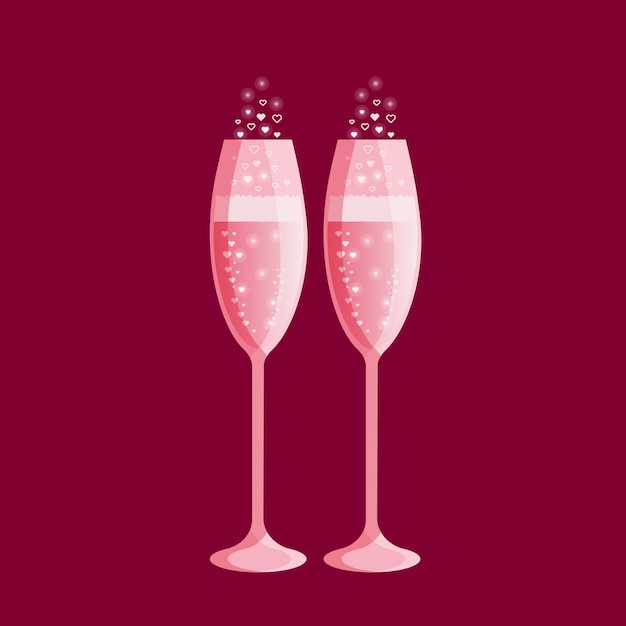 Vector twee glazen roze champagne met bubbels geïsoleerd op een kastanjebruine achtergrond