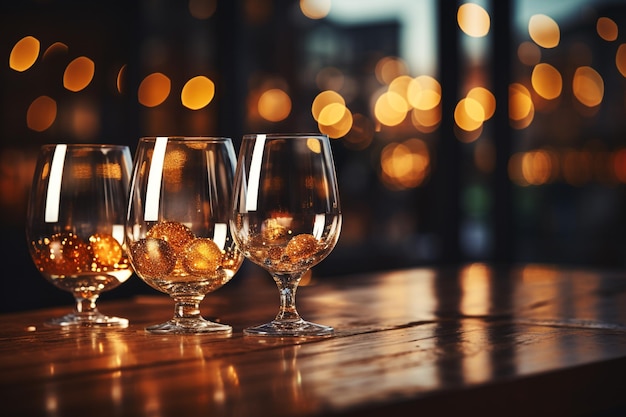 Twee glazen whisky met ijsblokjes geserveerd op een houten plank Donkere achtergrond glanzende gouden kleur h