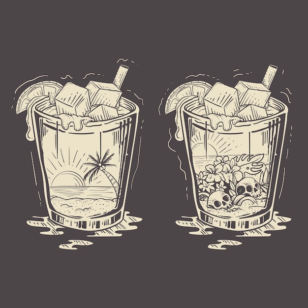 Twee glazen zomercocktails op een donkere achtergrond Handgetekende vectorillustratie
