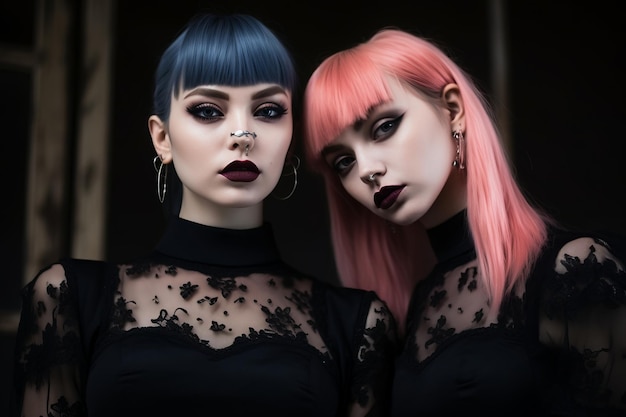 Twee gothische meisjes met roze haar en piercings.