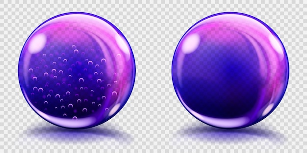 Twee grote violette glazen bollen met luchtbellen en zonder, en met blikken en schaduwen. transparantie alleen in vectorbestand