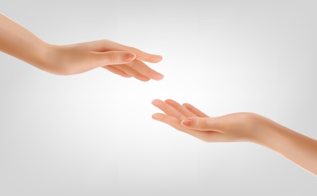 Vector twee handen aanraken mensen helpen elkaar met hun vingertoppen een helpende hand concept geven concept van menselijke relatie gemeenschap saamhorigheid teamwork vector