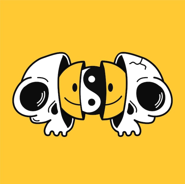 Twee helften van shull met glimlachgezicht en Yin Yang binnen. Vector hand getrokken doodle 90s stijl cartoon karakter illustratie. Trippy glimlachgezicht, Yin Yang, schedelprint voor t-shirt, poster, kaartconcept!