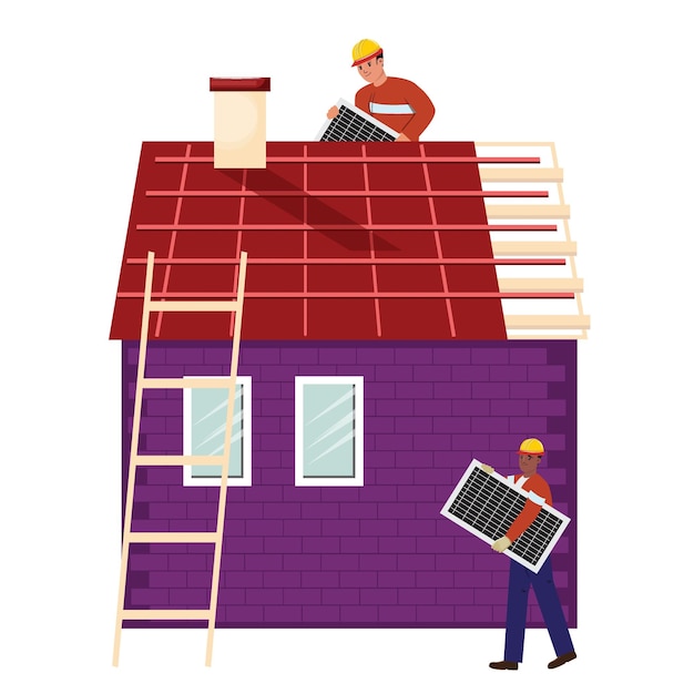 Twee ijverige arbeiders met beschermende helmen installeren zonnepanelen op het dak van een huis