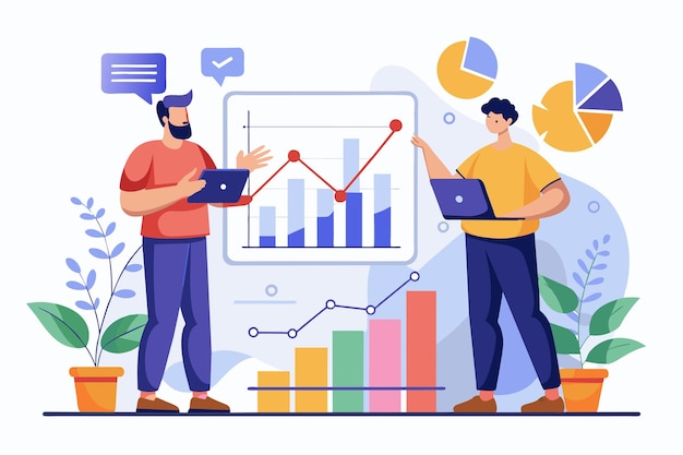 Twee individuen staan voor een whiteboard met groeigegevensgrafieken die zich bezighouden met analyse en discussie twee mannen analyseren groeidata-grafieke Eenvoudige en minimalistische platte vectorillustratie