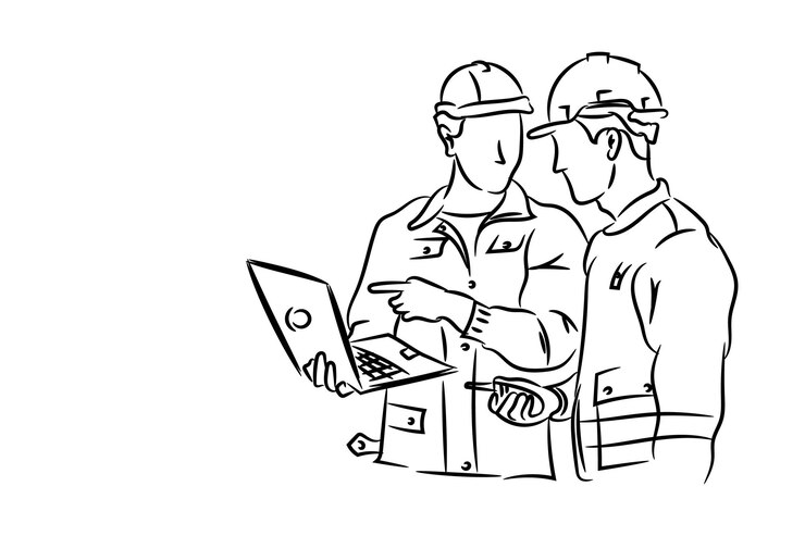 Vector twee ingenieurs werken samen met gereedschappen met de hand getekende lijn tekening vector illustratie