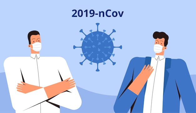 Twee jonge mannen met medische maskers staan en kijken naar het nieuwe coronavirus 2019-nCoV. CoVID-2019 viruscontroleconcept. Vlak