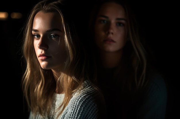 Vector twee jonge vrouwen kijken in het donker naar de camera.