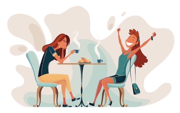 Twee jonge vrouwen zitten aan tafel en praten in café Ontmoeting met vrouwen in een openbare ruimte met thee of koffie in restaurantgesprek Tijd samen doorbrengen tijdens de koffiepauze