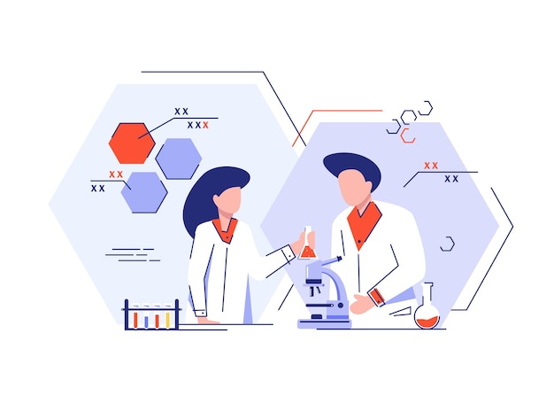 Twee jonge wetenschappers die onderzoek doen in een laboratorium op witte achtergrond