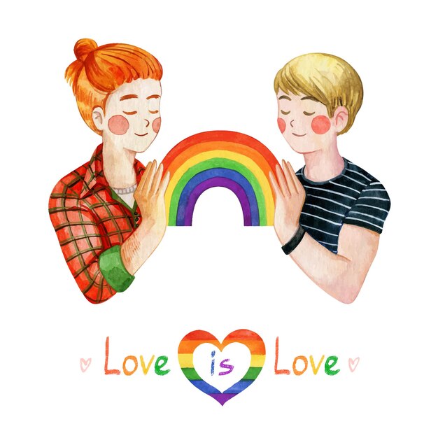 Twee jongens met LGBT-gemeenschap regenboog symbool aquarel vector clipart geïsoleerd op een witte achtergrond