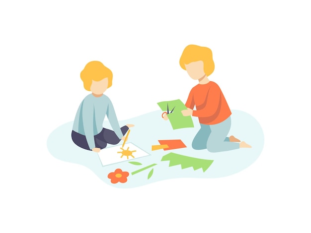 Twee jongens zitten op de vloer, snijden toepassingsdetails en tekenen kinderen creativiteit onderwijs ontwikkeling vectorillustratie op witte achtergrond