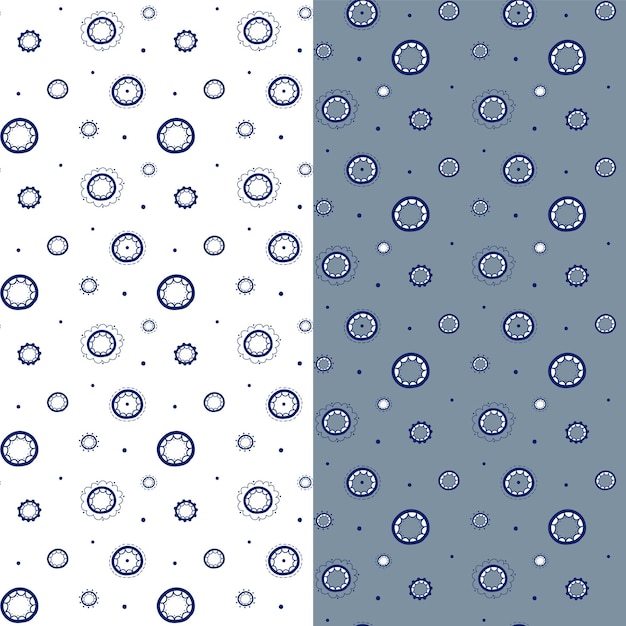 Twee kanten vector blauwe patronen op een transparante en grijze achtergrond cirkels bloemblaadjes stippen handdra