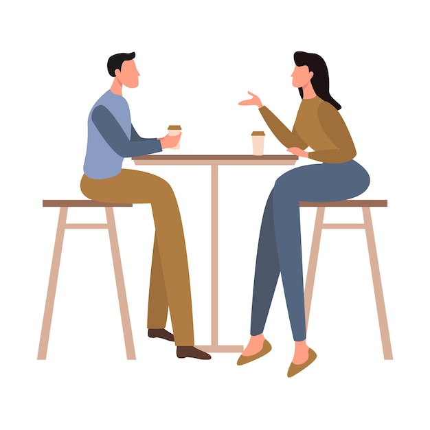 Twee karakters praten en zitten aan tafel met koffiekopjes platte vector geïsoleerd op wit